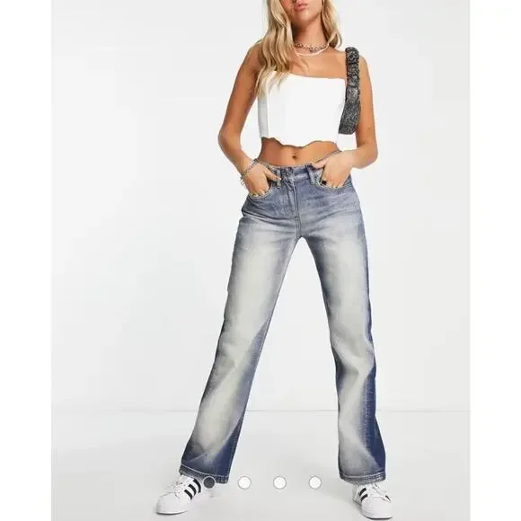 COLLUSION X008 Y2K Extreme Bleach Flare Jeans In Mid Blue Womens US Size 12 - Picture 6 of 12